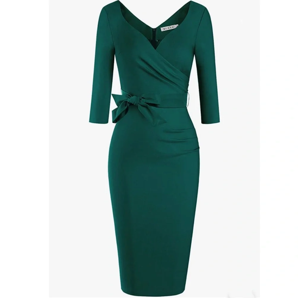 Women's Green Faux Wrap V Neck 3/4 Sleeve ruched Work Belted knee length dress - Picture 2 of 9